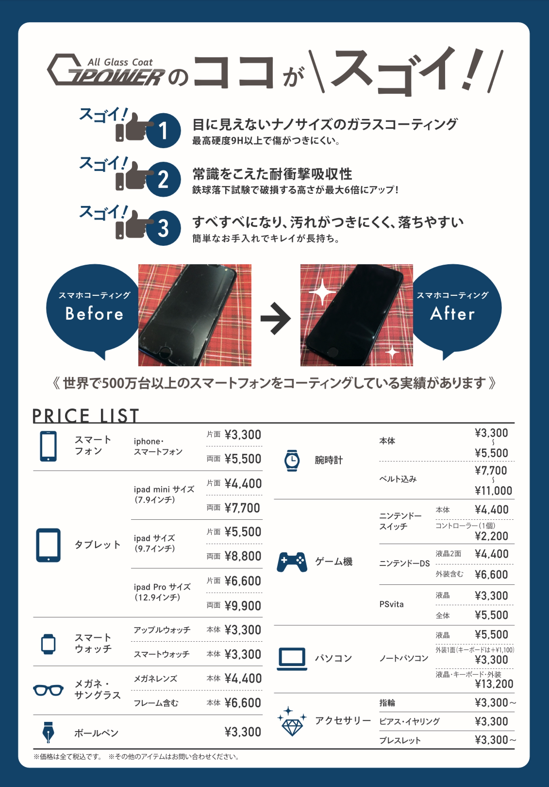 ガラスコーティング料金表